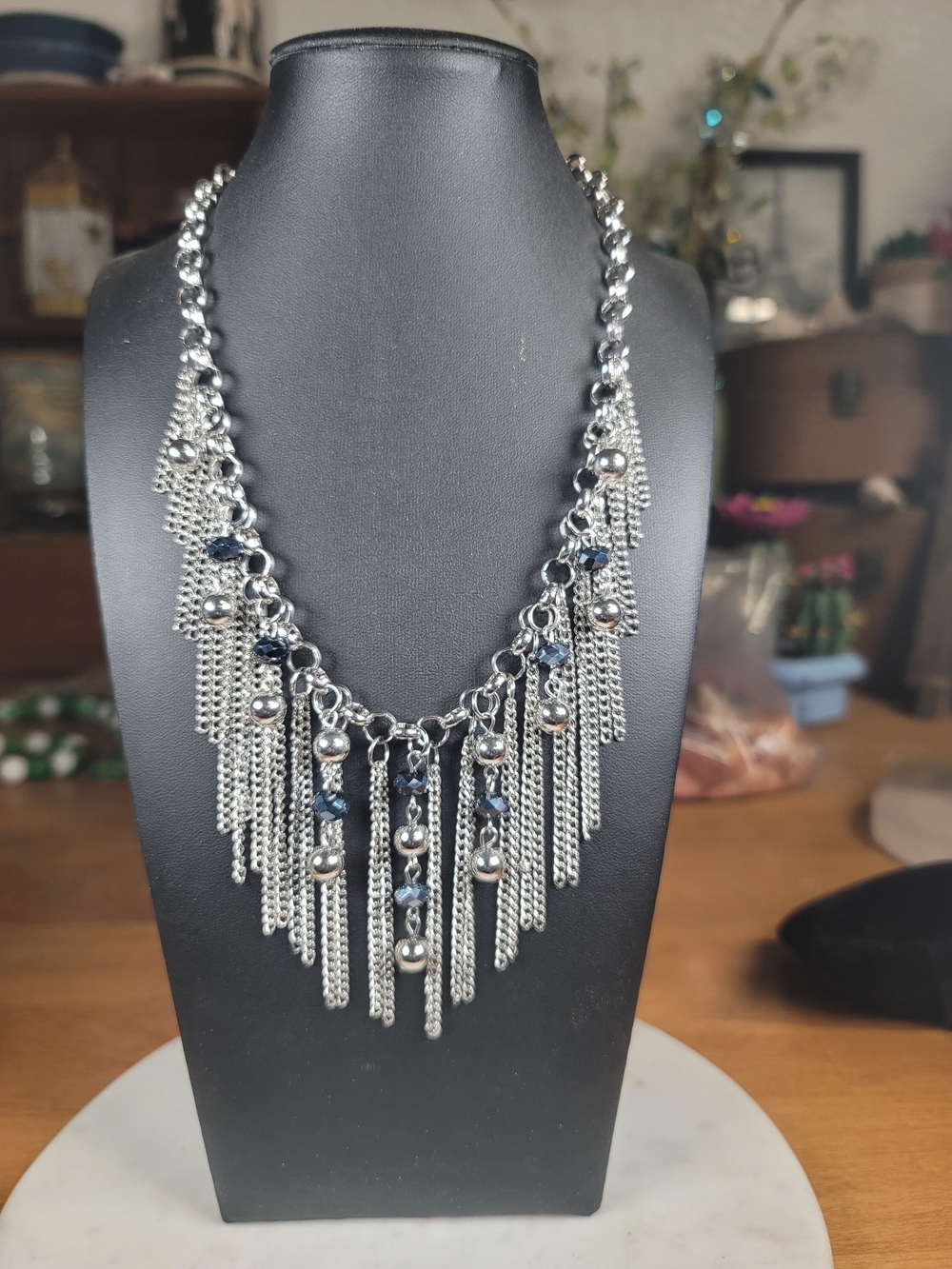 paparazzi Silver Fringe Necklace with Dark Blue Accents